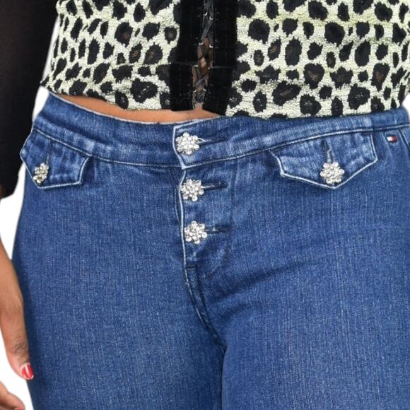 Vintage Tommy Hilfiger Button Fly Jeans Blue Flare Rhinestone Low Rise Retro 2 - Picture 2 of 16